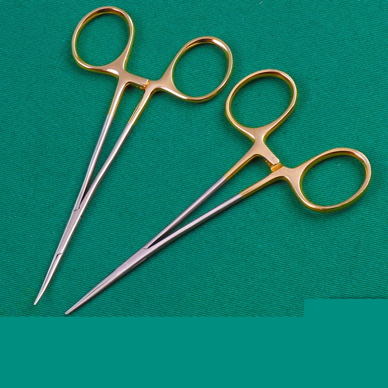 Microvascular hemostatic forceps double eyelid forceps fine stainless steel curved gold handle straight fat hemostatic