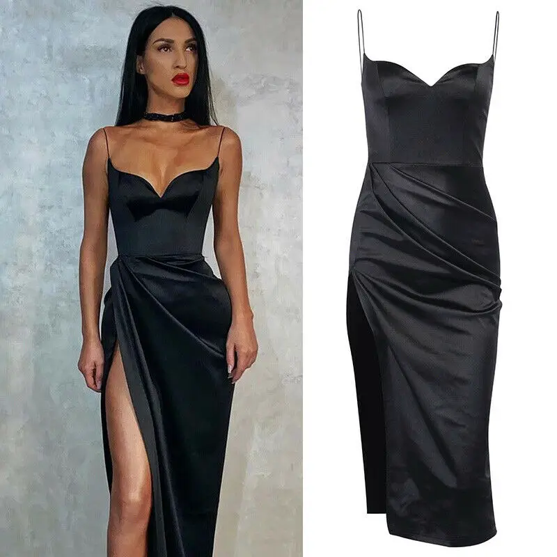 

Women Sexy Split Bodycon Dress Slim Fit Strap Party Club Wear Dresses 2020 Black Femal Vestido