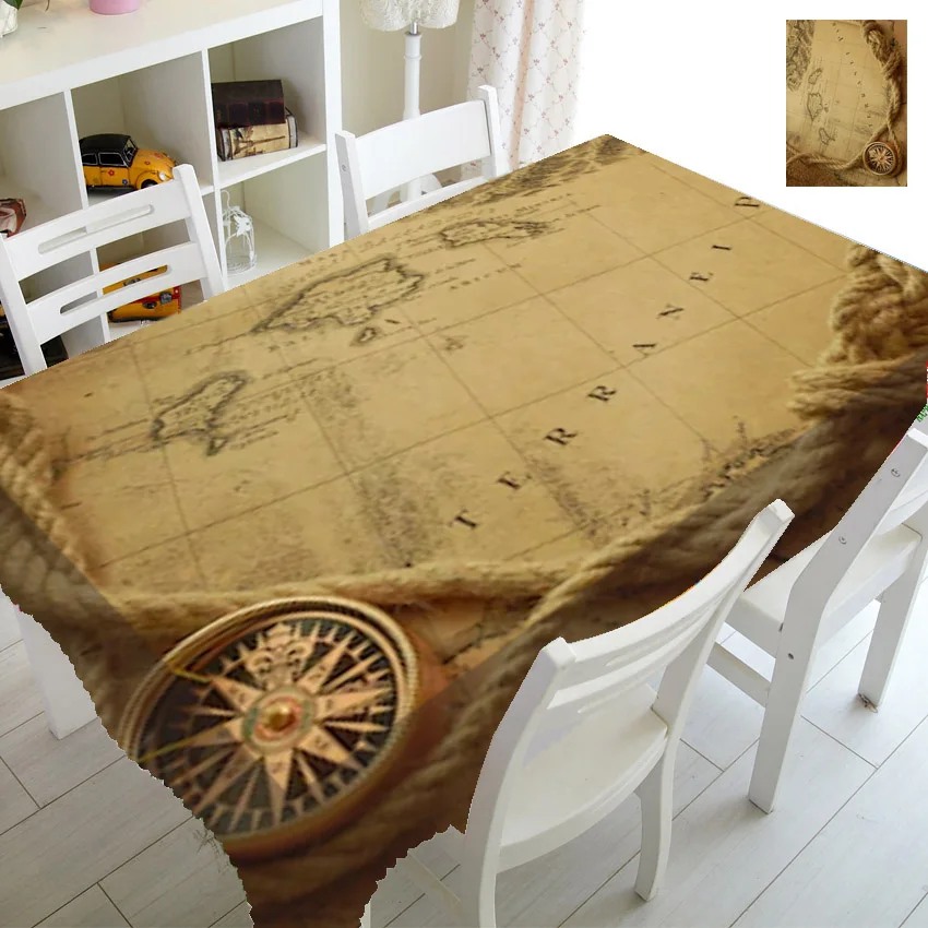 Antique Old Pirate Map Tablecloths for Rectangle Table Cover Medieval Compass Vintage Table Cloths Home Decoration Waterproof