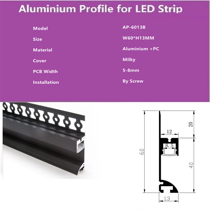 15x1M Trimless LED Aluminium Profile ,12V 8MM Strip Baseboard Skirting Line Cement Wall  Base 60MM High Light Channel Diffuser