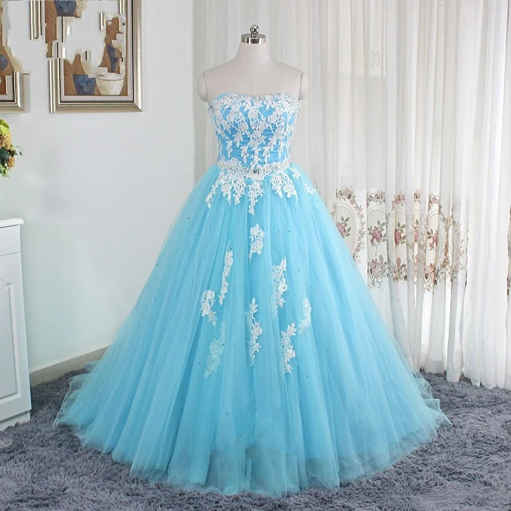 Vestidos de Quinceañera de encaje azul con blanco, sin tirantes, cinta de cristal de tul con cordones en la espalda, vestido Formal de noche de graduación moderno