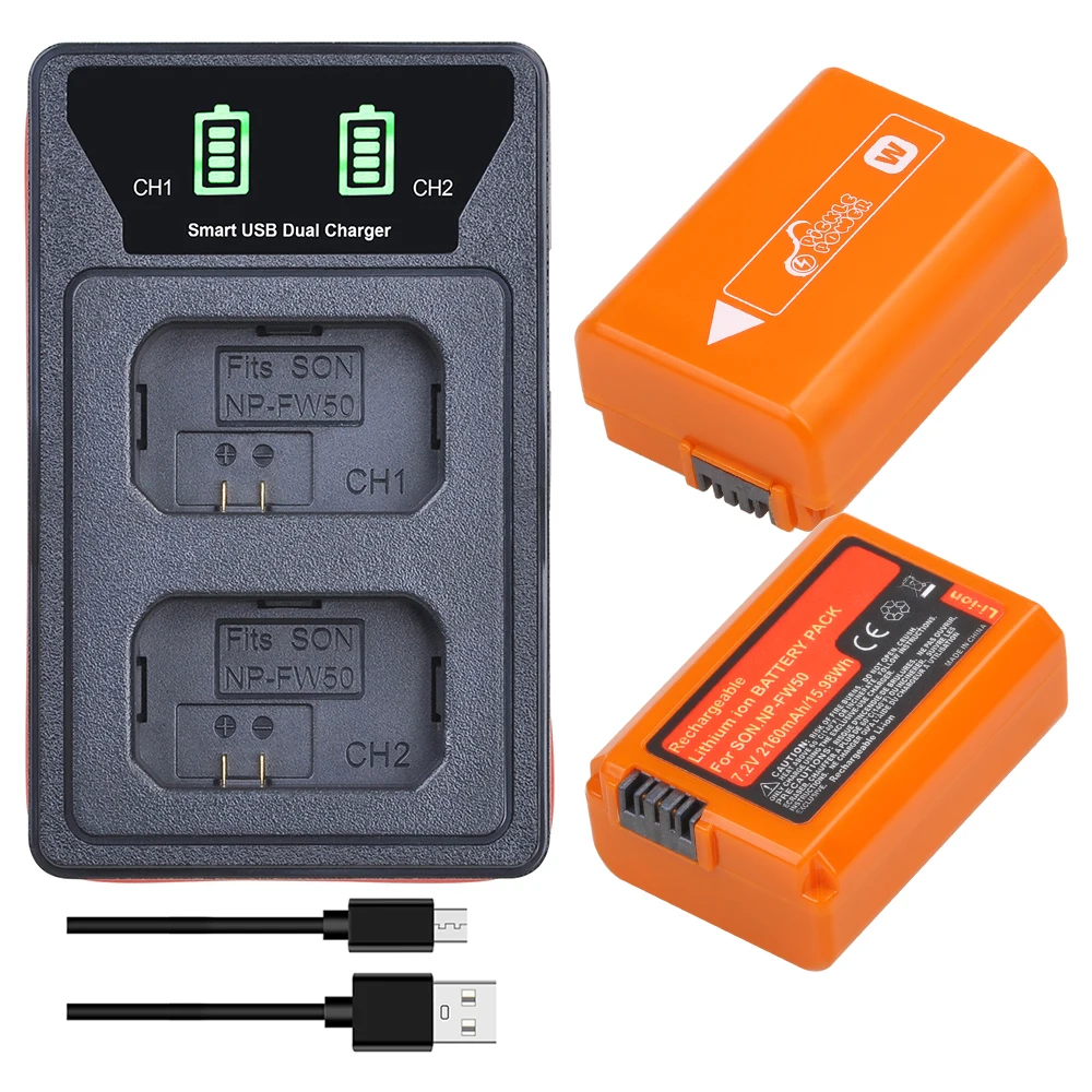 2160mAh NP-FW50 NPFW50 Battery + LED Dual USB Charger for Sony Alpha a6500 a6300 a6000 a5000 a3000 NEX-3 a7R ZV-E10 Vlog Camera