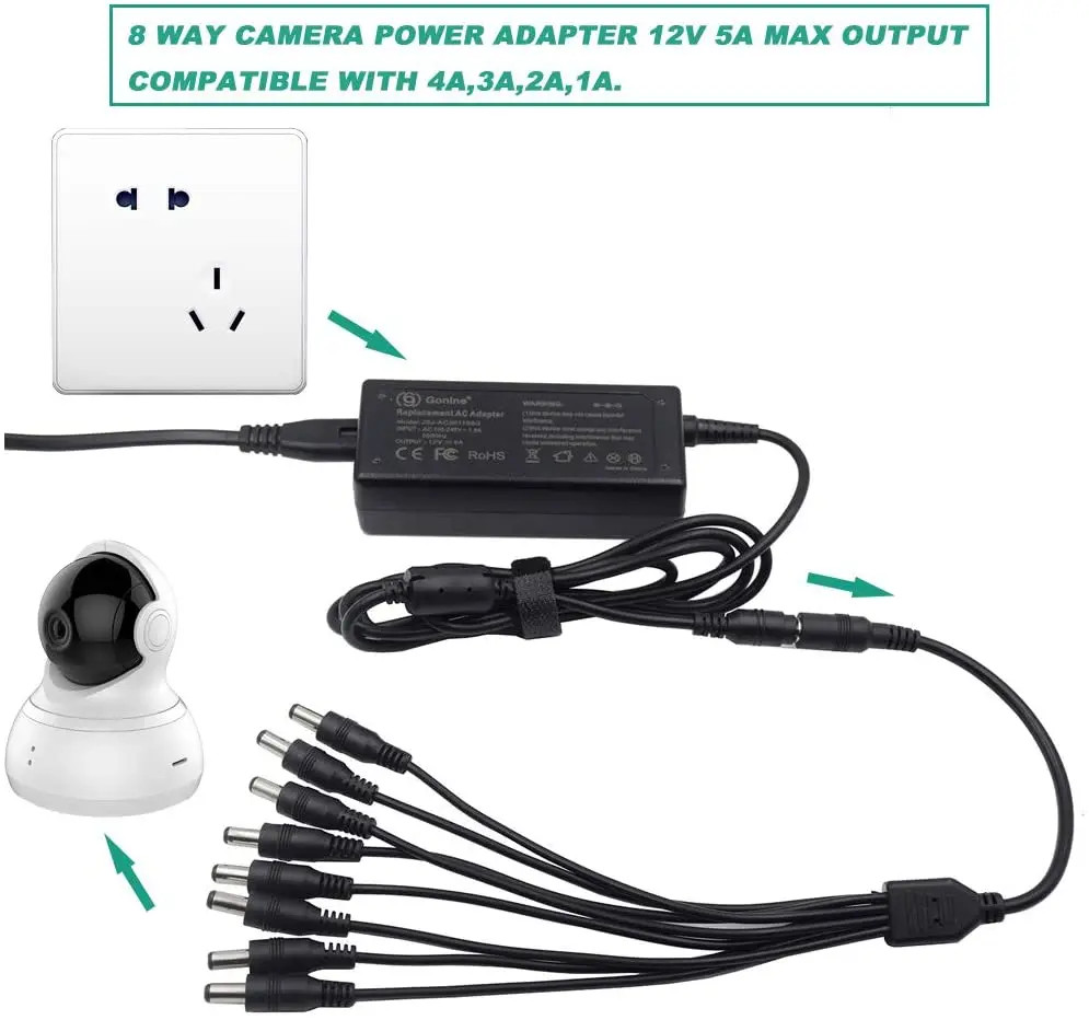 60W 12V 5A Power Adapter AC to DC Switching Power Supply with 8-Way Power Splitter Cable for CCTV Camera DVR RGB LED Strip Light