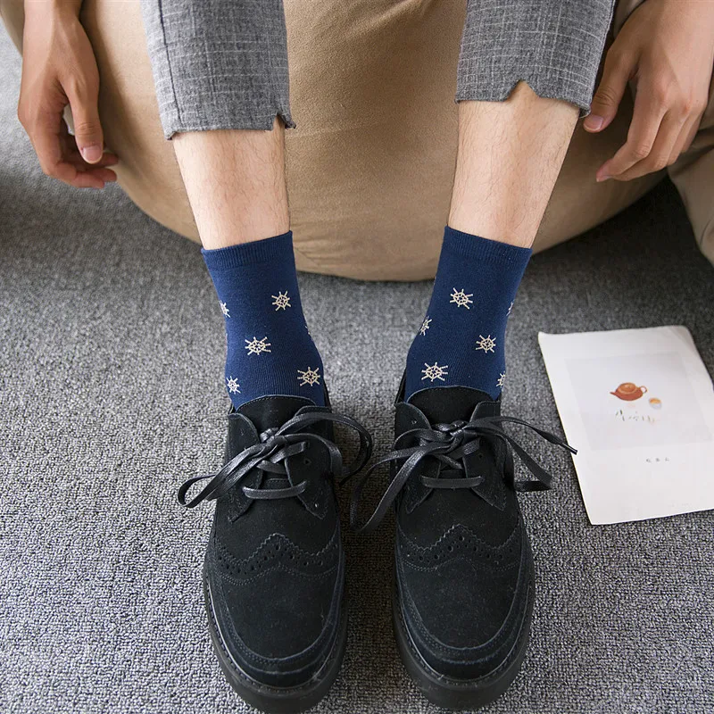 3 Pairs Men Navy Socks Business Socks Stripe Anchor Star Snow Male Autumn Winter Crew Socks Comfortable Cotton Casual Socks