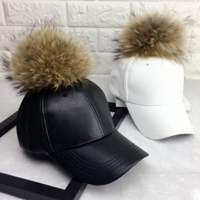 MAERSHEI Women Fashion Real Fur Baseball Cap Warm Casual Sweer Girl Hat Snapback Pom Pom Cap Leather Hip Hop Bone Caps