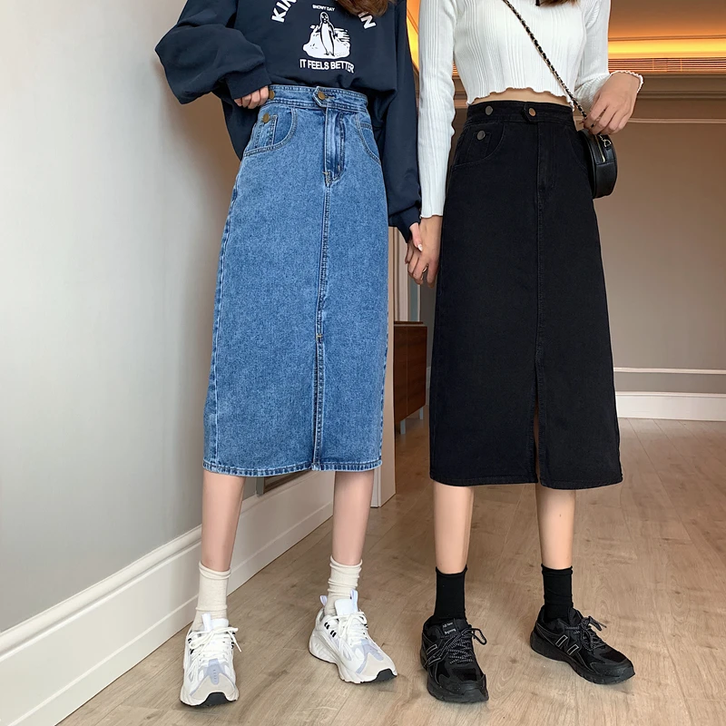 Blue Black Denim Skirt Women Casual Streetwear High Waist Saia Jeans Feminina Bodycon Wrap Pencil Skirt Autumn Split Long Skirts