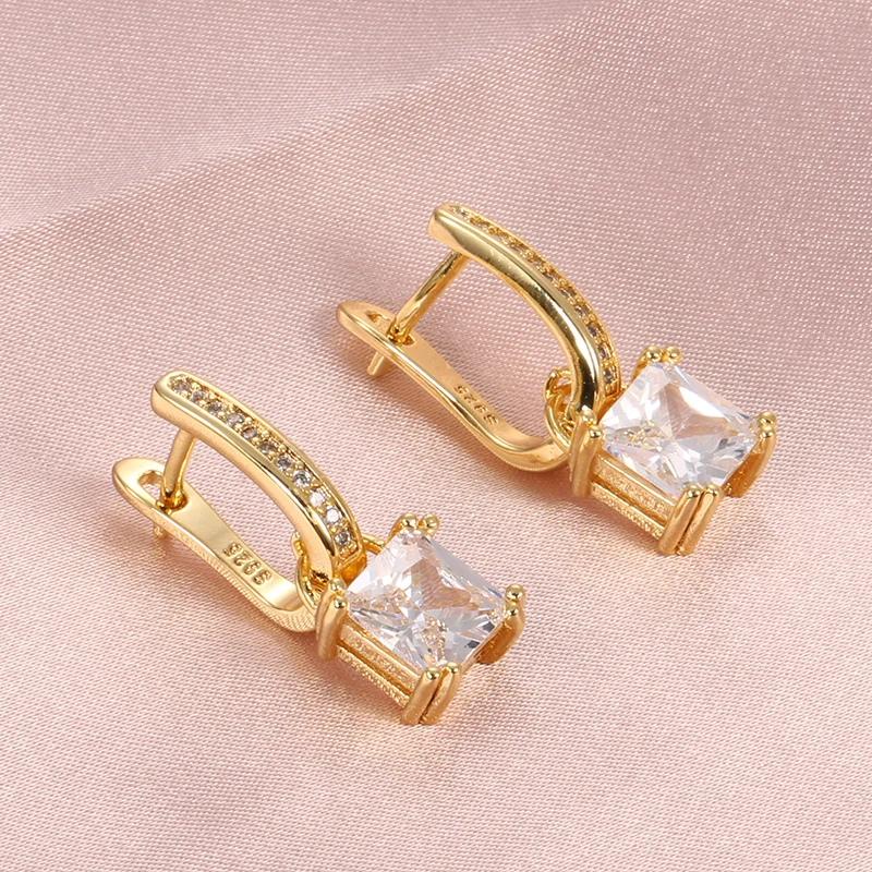 Kinel Simple Square Natural Zircon Earrings for Women Tibetan Silver Korean U Shape Drop Earring Bridal Wedding Jewelry Gifts