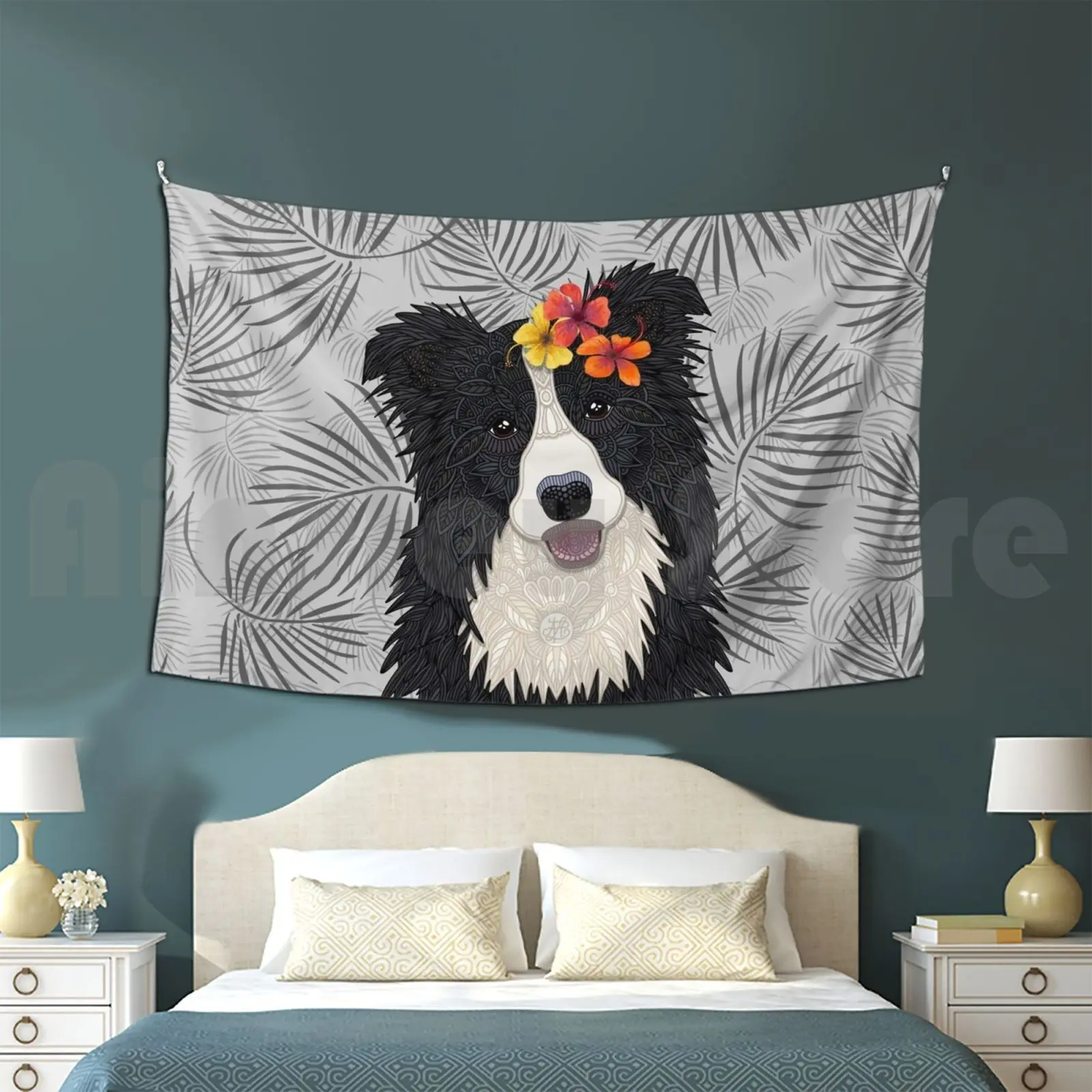 Happy Border Collie With Flowers Customized Tapestry Border Collie Dog Flowers Floral Artlovepassion