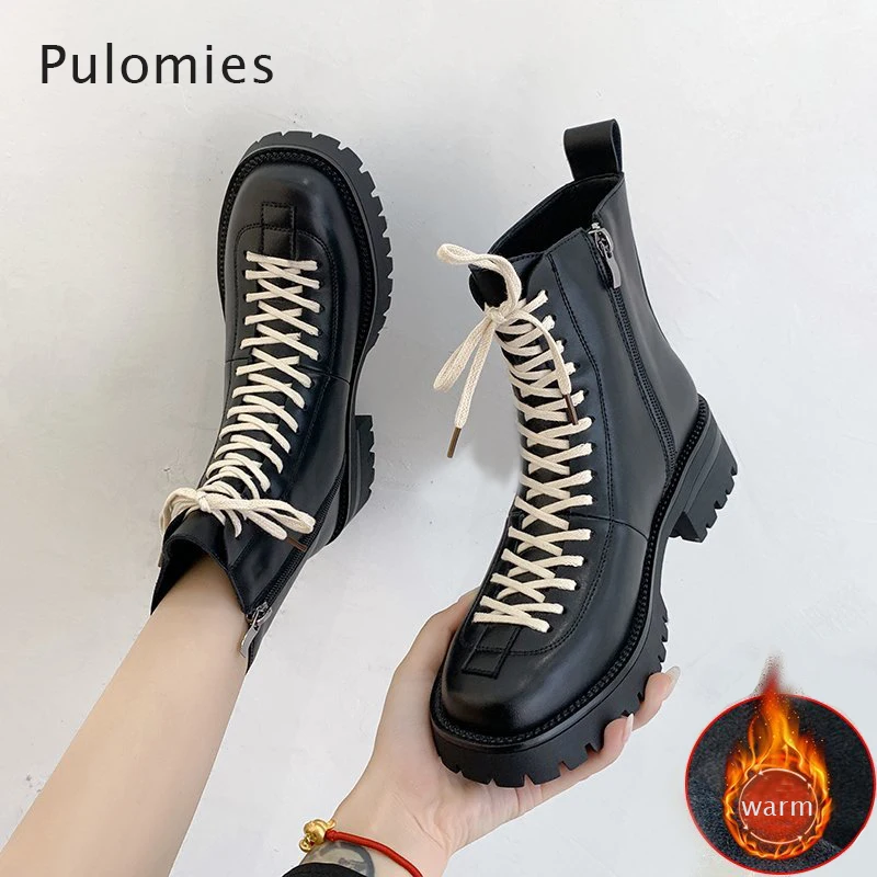 Women Boots Leather Women Black Ankle Boots Motorcycle Boots Female Spring Autumn Winter Thick Shoes Woman Punk Shoes