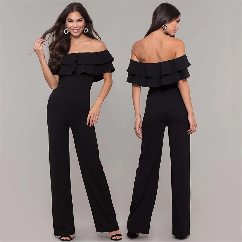 New 2021 fashion polyester Ruffle women jumpsuit black wine red one piece set casual summer suits evening club  women's pants