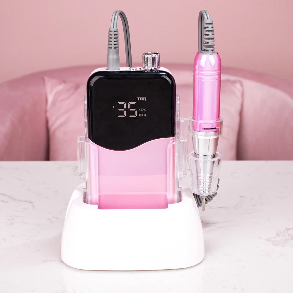 Wave 35000RPM Gradient Pink Handle Rechargeable Nail Drill Portable Cordless Electric Desktop Manicure Nail Drill Machine Set