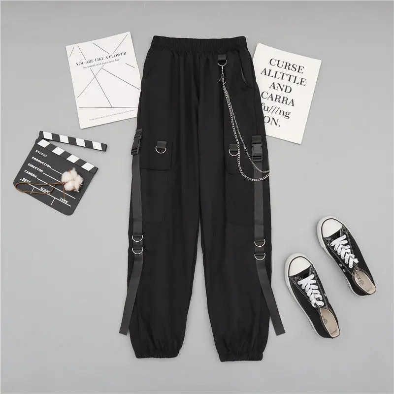 2023 Spring Chain Cargo Pants Female Streetwear Harajuku Loose T Shirt+Cargo Pants High Waist Handsome Two-piece Suit