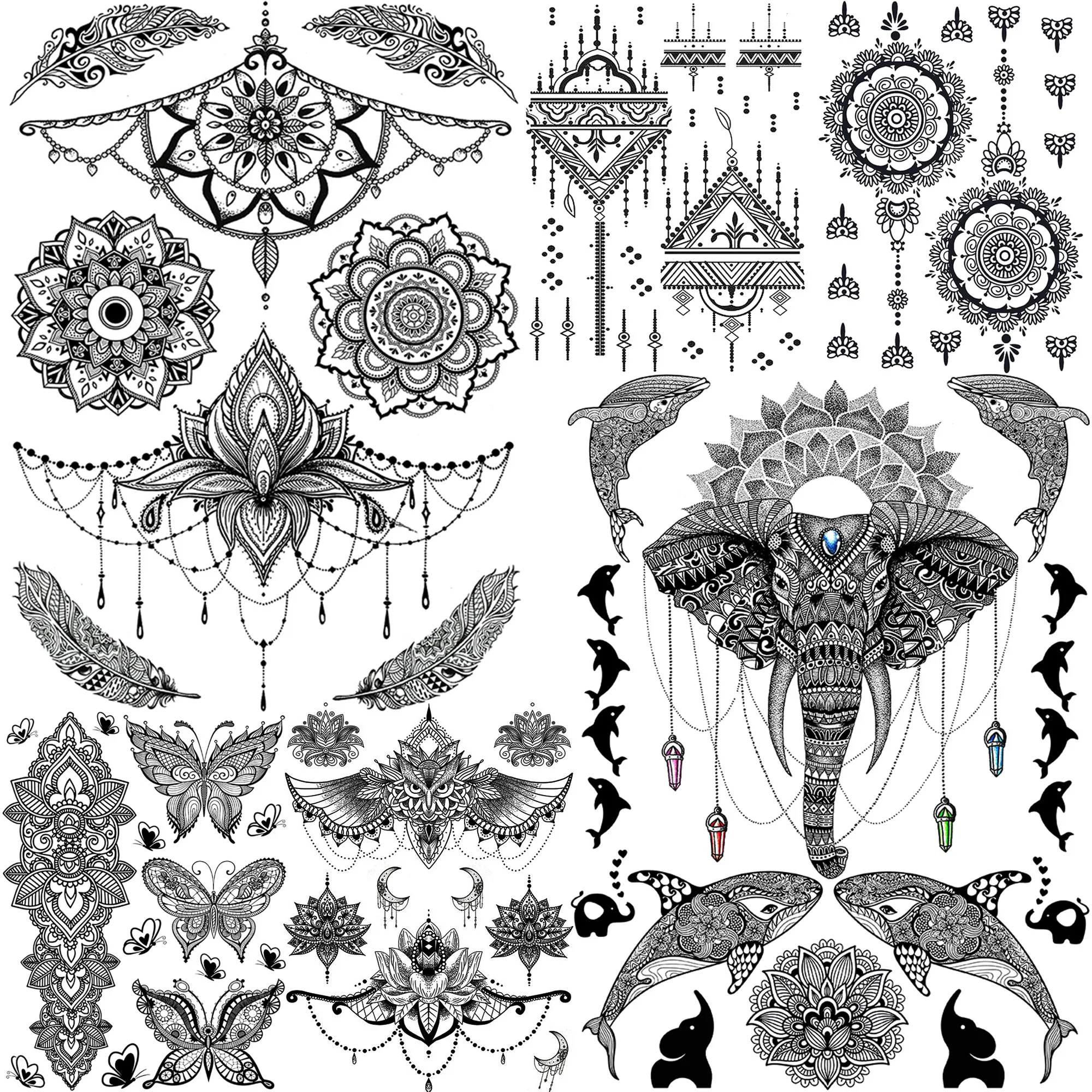 Black Mandala Flower Temporary Tattoos Sticker For Women Sexy Fake Jewelry Chains Tatoos Washable Henna Ganesha Tattoo Pendants