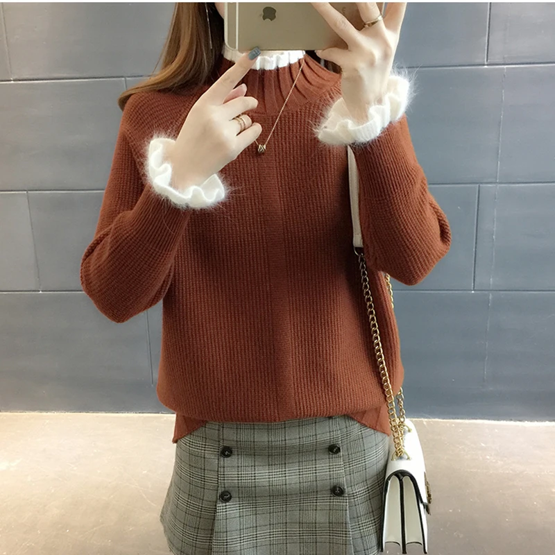 Women Sweaters Pullovers 2020 Autumn Winter Ruffles Sleeve Turtleneck Tops Knitwear Pull Femme Casual Woman Sweater Pullover