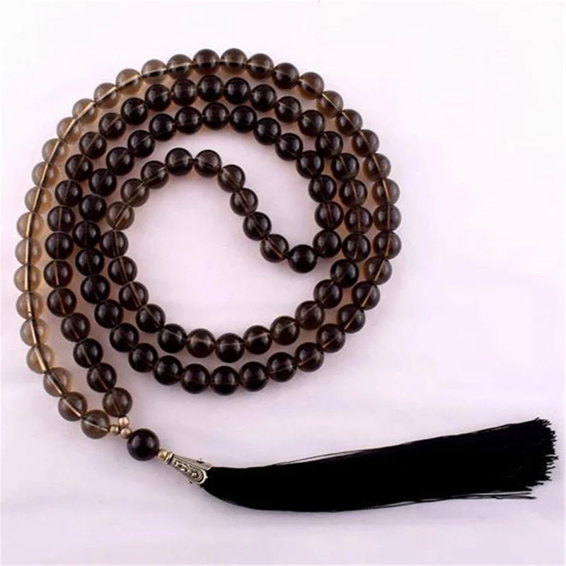 

8mm Smoky Quartz 108 Beads Gemstone Tassel Mala Necklace Blessing Prayer Unisex Wristband Religious Lucky Yoga Wrist