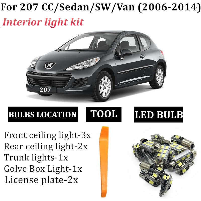 

9X LED Full Interior Light Kit For 2006-2014 Peugeot 207 CC/Sedan/SW/Van Map Dome Trunk License Plate Lights