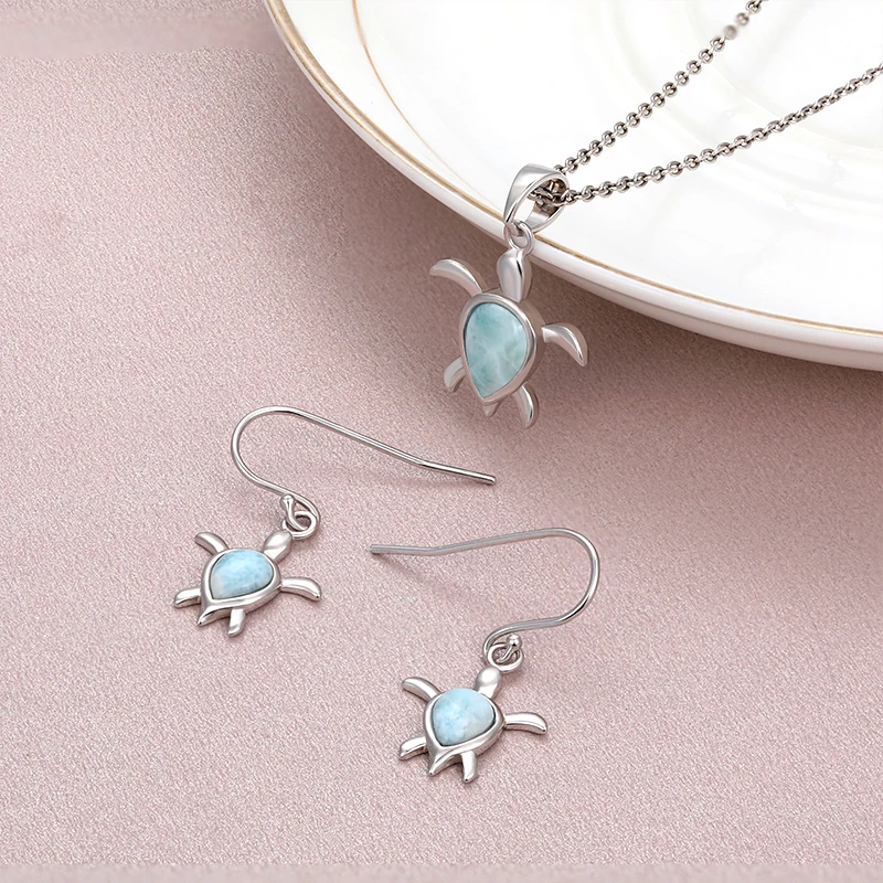 Sea Turtle Classic Charm 925 Sterling Silver Zircon Jewelry Gifts Natural Precious Dominica Larimar Pendant Necklace for Woman