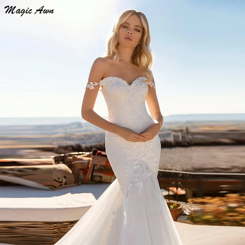 Magic Awn Prinses Mermaid Trouwjurken 2021 Off De Schouder Kant Applicaties Illusion Boho Beach Bruidsjurken Abito Da Sposa