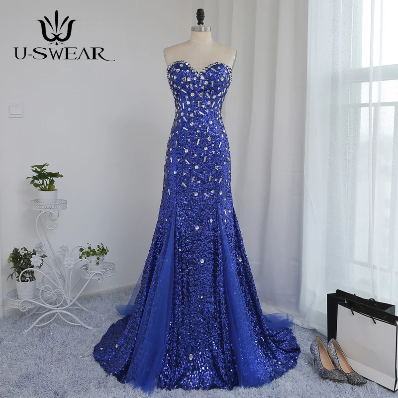 

Royal Blue Mermaid Evening Dresses Sweetheart Beading Sequined Crystals Prom Dresses Women Long Evening Gown Robe De Soiree