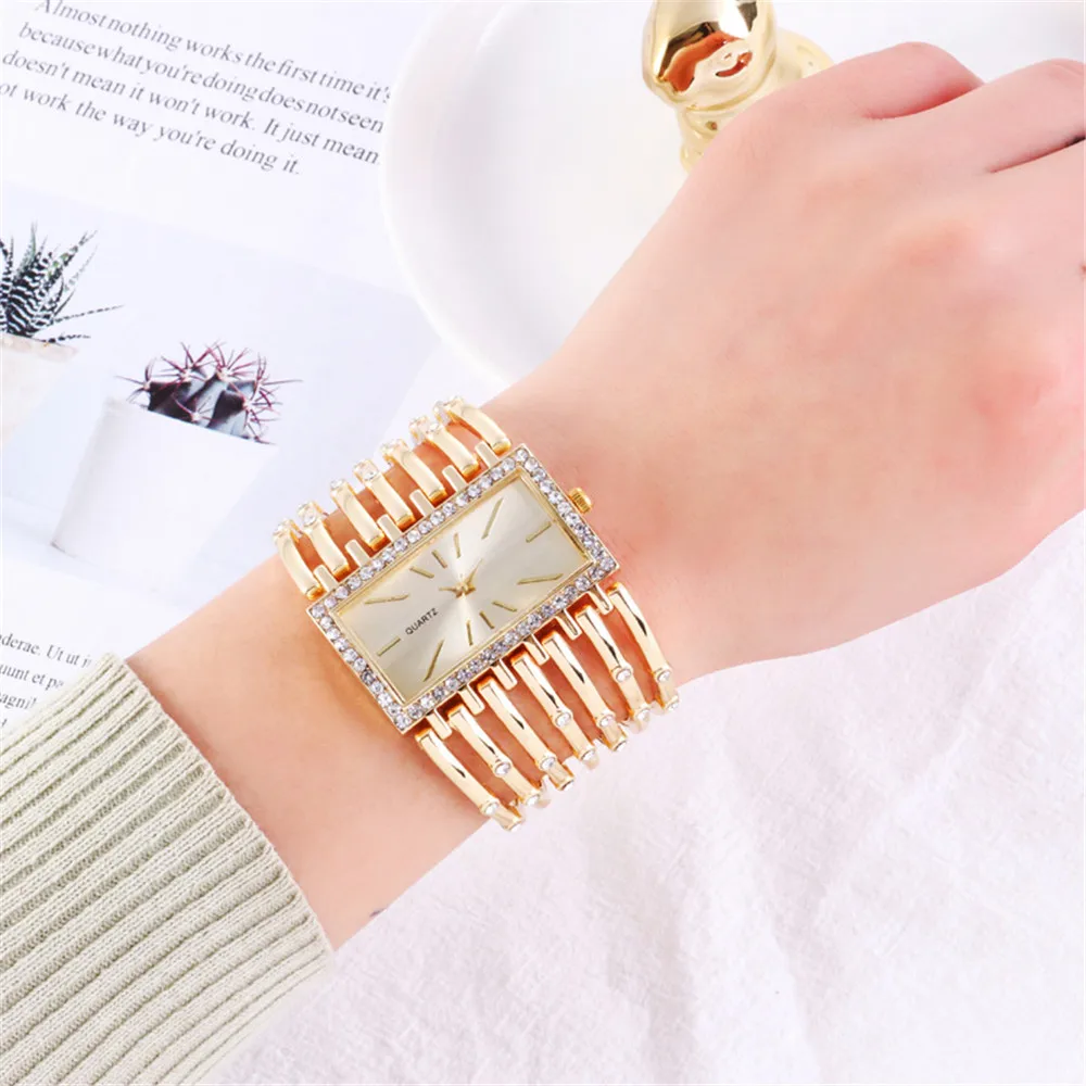 Reloj de cuarzo con diamantes rectangulares para mujer, cronógrafo de pulsera de aleación de oro, sencillo, regalo, 2023