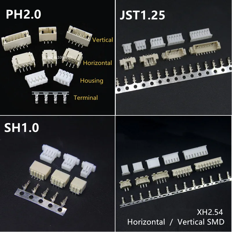 10 zestawów SH1.0 JST1.25 PH2.0 XH2.54 SH/JST/ZH/PH/XH Poziomy / Pionowy SMD Pin Header + Obudowa + Zestaw zacisków 2,54 mm