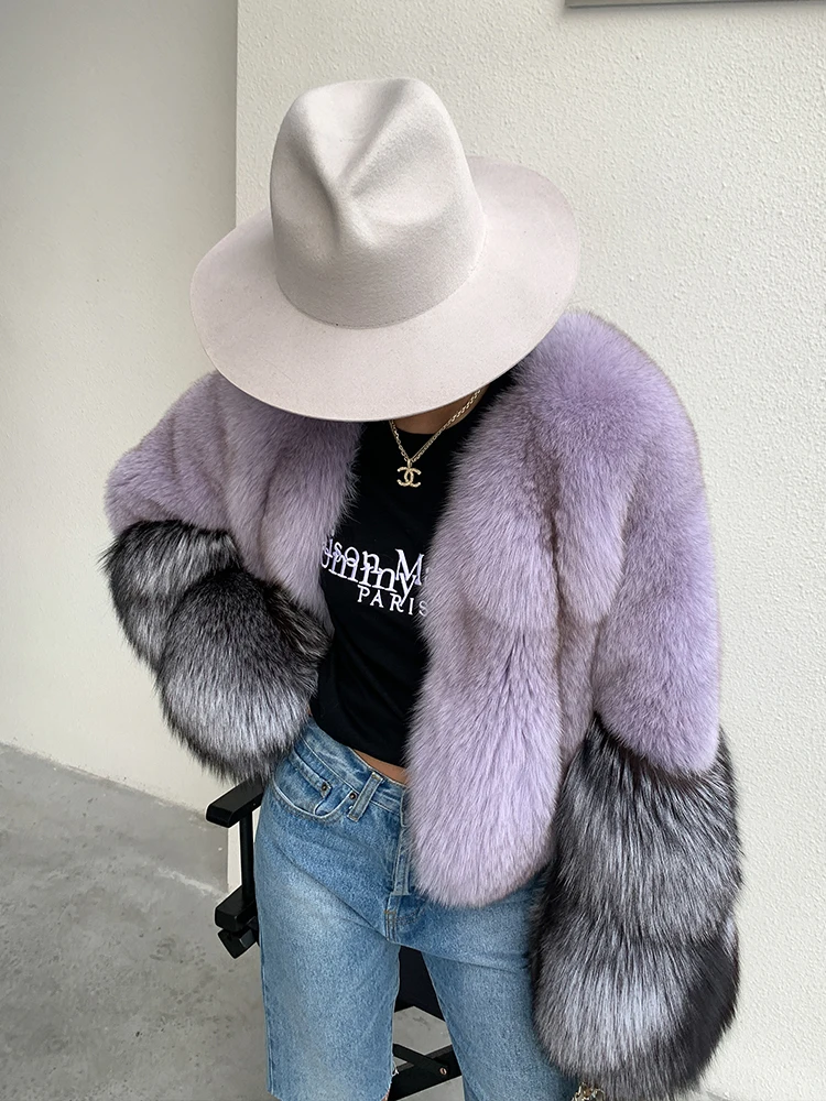 Natural Fox Fur Jacket Winter Women New Light Purple Genuine Fox Fur Coats V-Neck with Silver Fox Fur Sleeve Cuffs Outwear