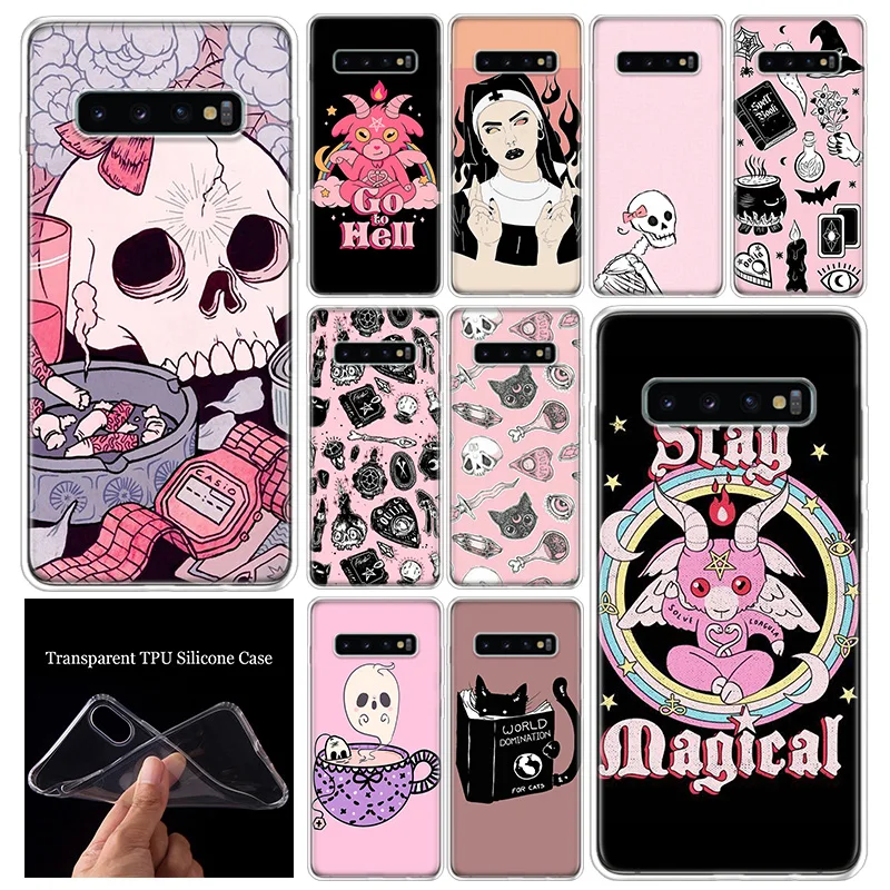 Pink Cat Skull Sorceress Witch Phone Case Cover For Samsung Galaxy S10 S21 S20 FE Note 10 9 8 S9 S8 S7 S10 Plus S21 Ultra Coque