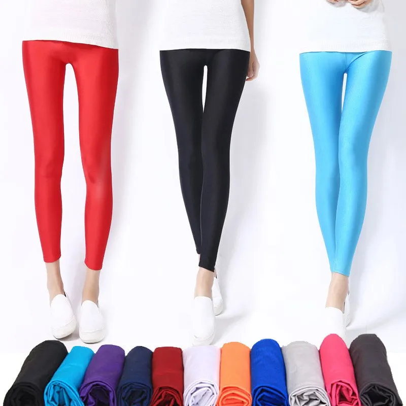 LJCUIYAO Women Shiny Pants Leggings Hot Selling Solid Color Fluorescent Spandex Elasticity Trousers Shinny Multicolor Bottom