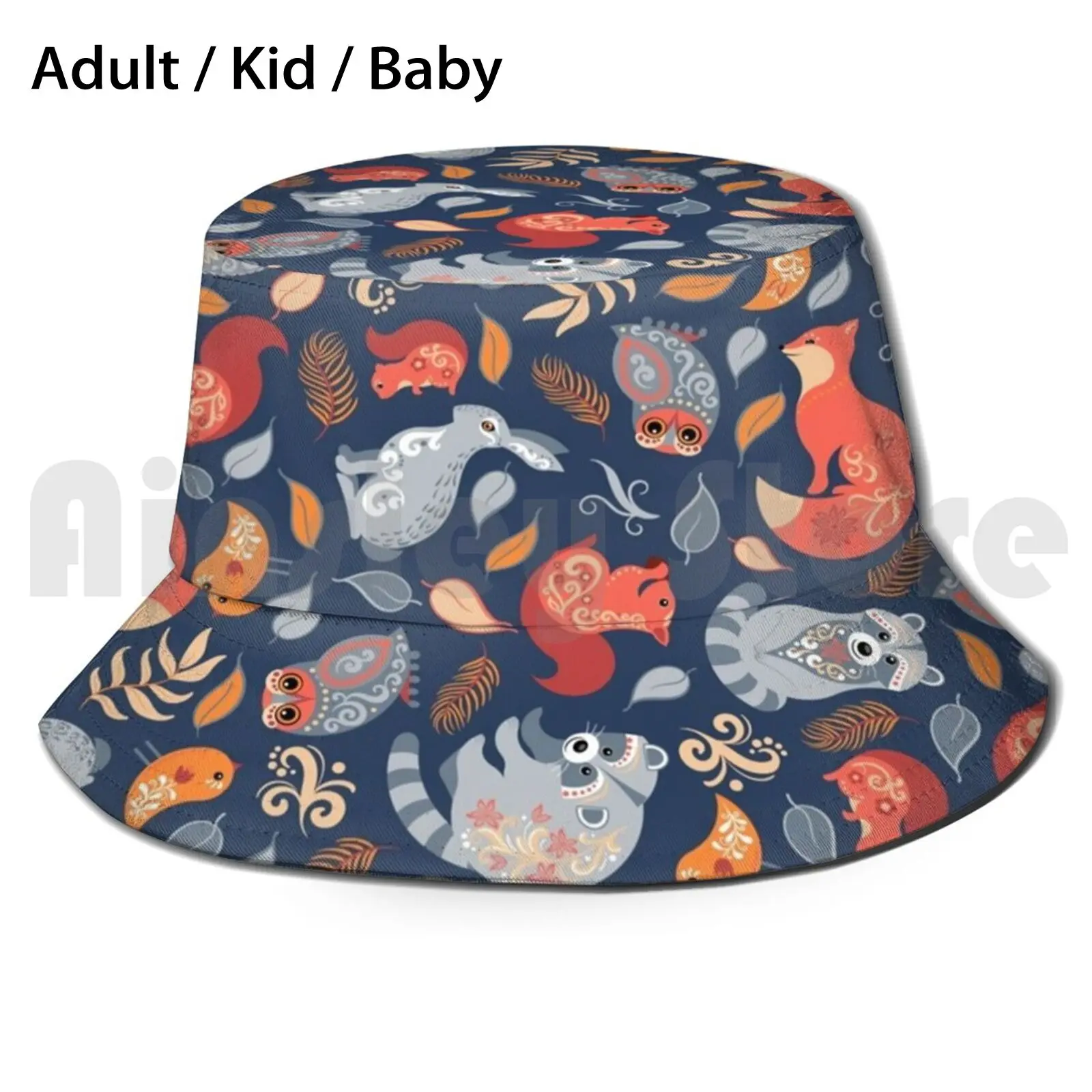 Fairy - Tale Forest. Scandinavian Design. Sun Hat 1331 Bucket Hat Fox Bear Raccoon Cute Animals Blue