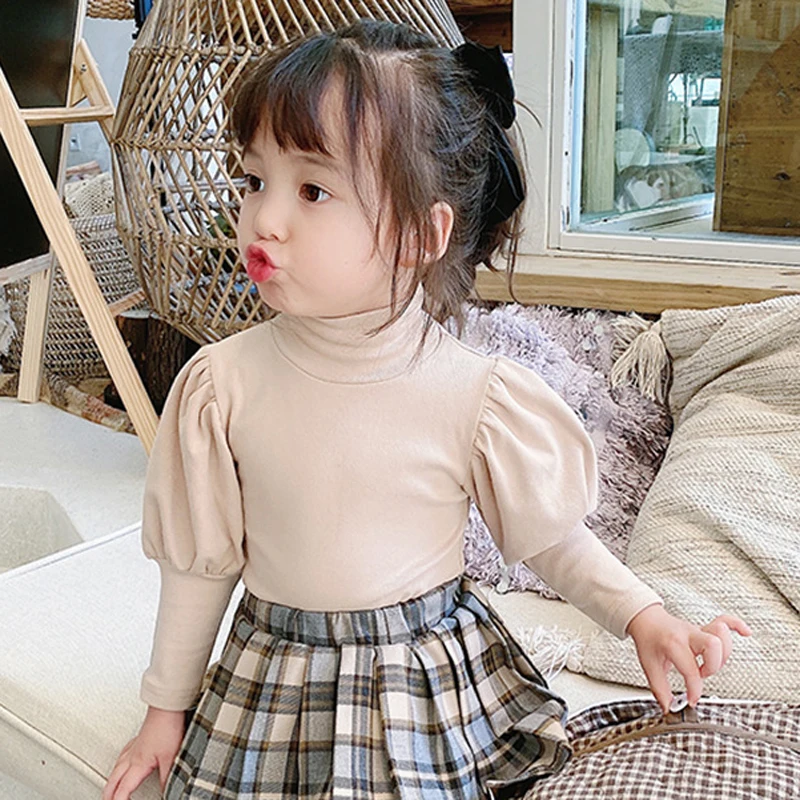 Children\'S Half-High Neck Bottoming Shirt 2020 Autumn New Style Korean Style Long-Sleeved Puff Sleeve Baby Girl Inner Top