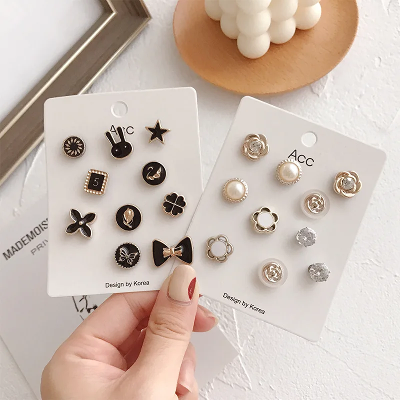5/10Pcs/Pack Cute Mini Enamel Pins Pearl Neckline Collar Lapel Pin Buckle Rhinestone Fixed Invisible Brooches Jewelry Sets