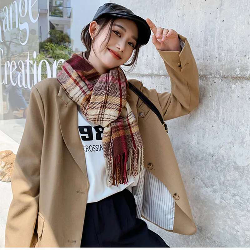 

New Woman Autumn and winter new Korean stripe scarf color net red wind scarf cute student decoration warm long Color grid bib