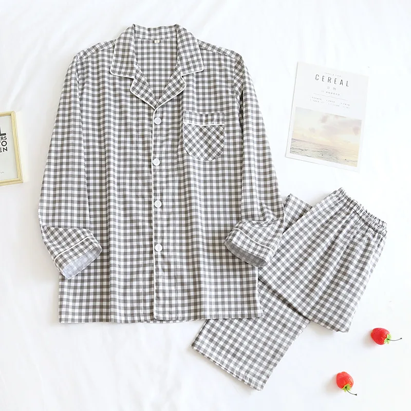 Spring / Autumn New Long Sleeved Pajamas Men and Women Trouser Suits Thin Plaid Plain Cotton Two Piece Set Lovers Home Clothes