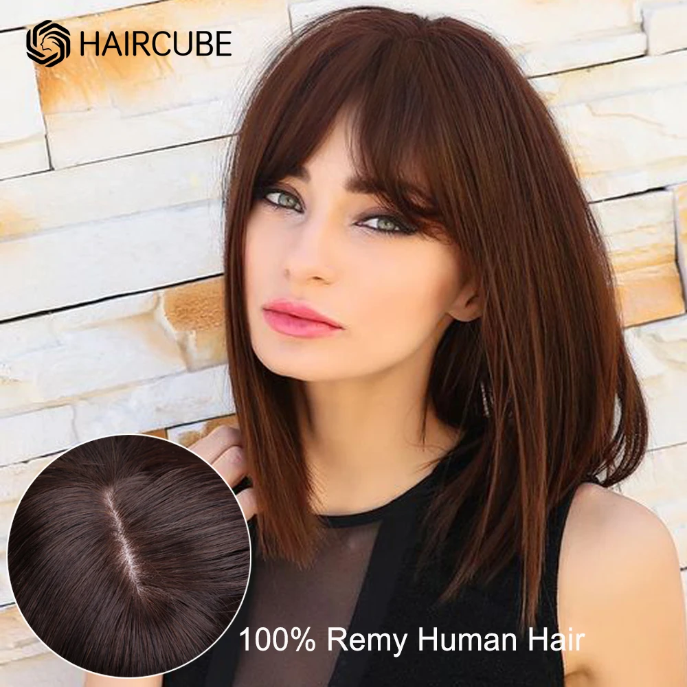 Perruque Bob naturelle lisse noire avec frange, cheveux Remy, longueur aux épaules, entièrement faite à la Machine, pour femmes