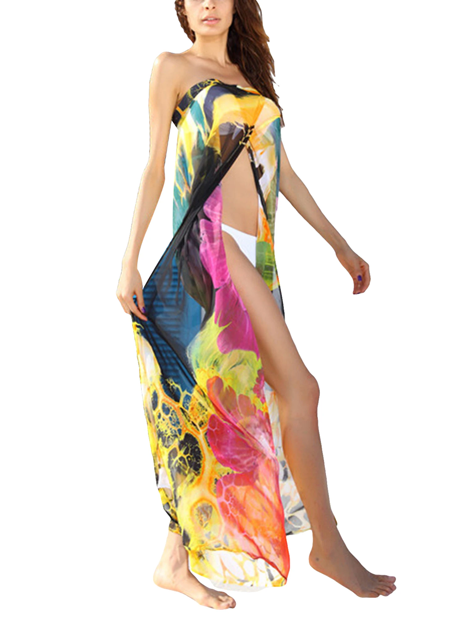 Female Beach Dress Tie-Dyed Sleeveless Strapless Long Dress Bikini Cover Ups for Summer  Black/Yellow Beachwear Biquini