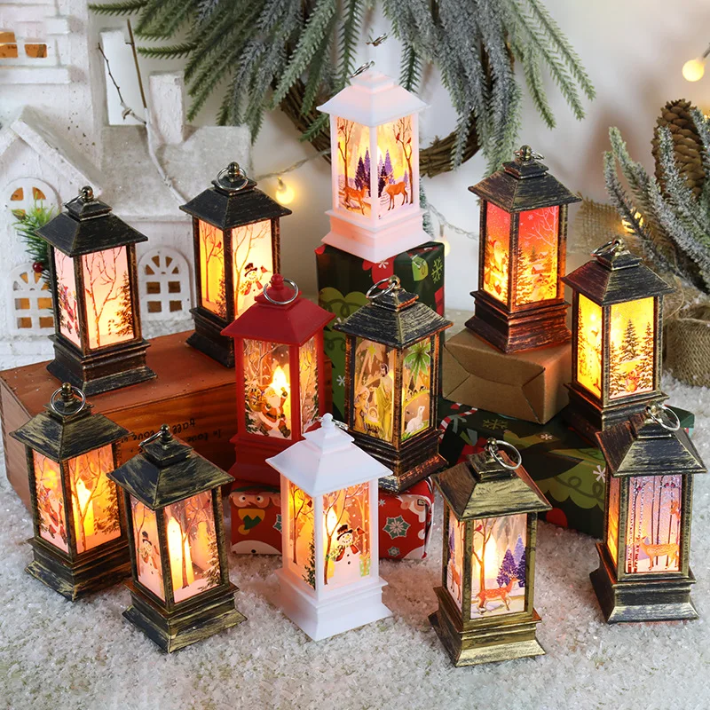 Christmas New Year Lantern Lights LED Hanging Light Vintage Cages Candlestick Hand Lamp Xmas Tree Ornament Elk Santa Claus Decor