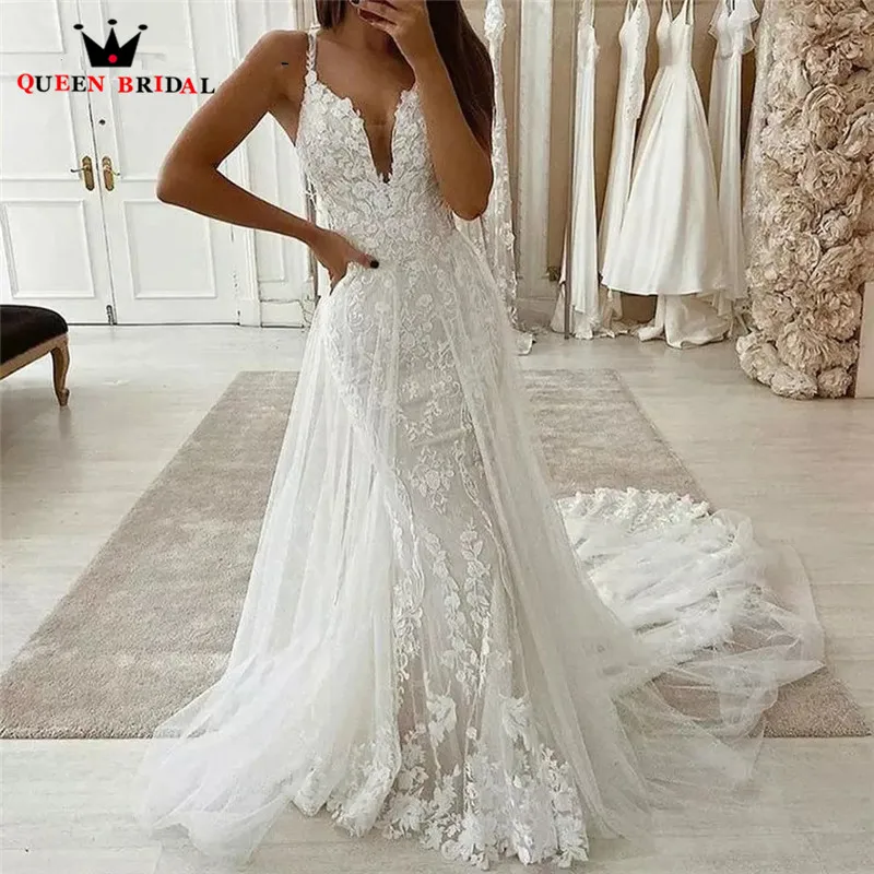 Sexy Mermaid V-neck Lace Flowers Tulle Long Formal Wedding Dress White/Ivory Women Bride Dresses Custom Made DJ32M