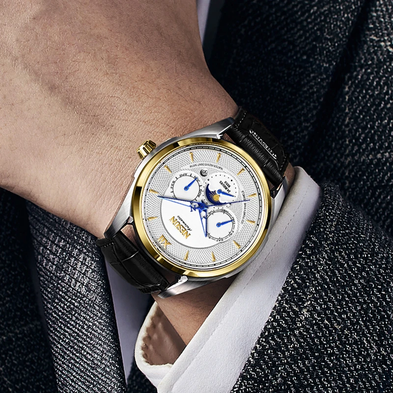 NESUN Luxury Automatic Men's Watch Mechanical Multi-function 50M Waterproof Luminous Moon Phase Clock N9050 Switzerland Brand