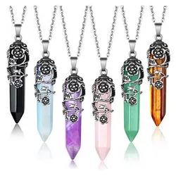 Natural Flower Wrapped Crystal Pendulum Pendant Hexagon Healing Amethyst Rose Quartz Stone Chain Necklace Jewelry for Women Men