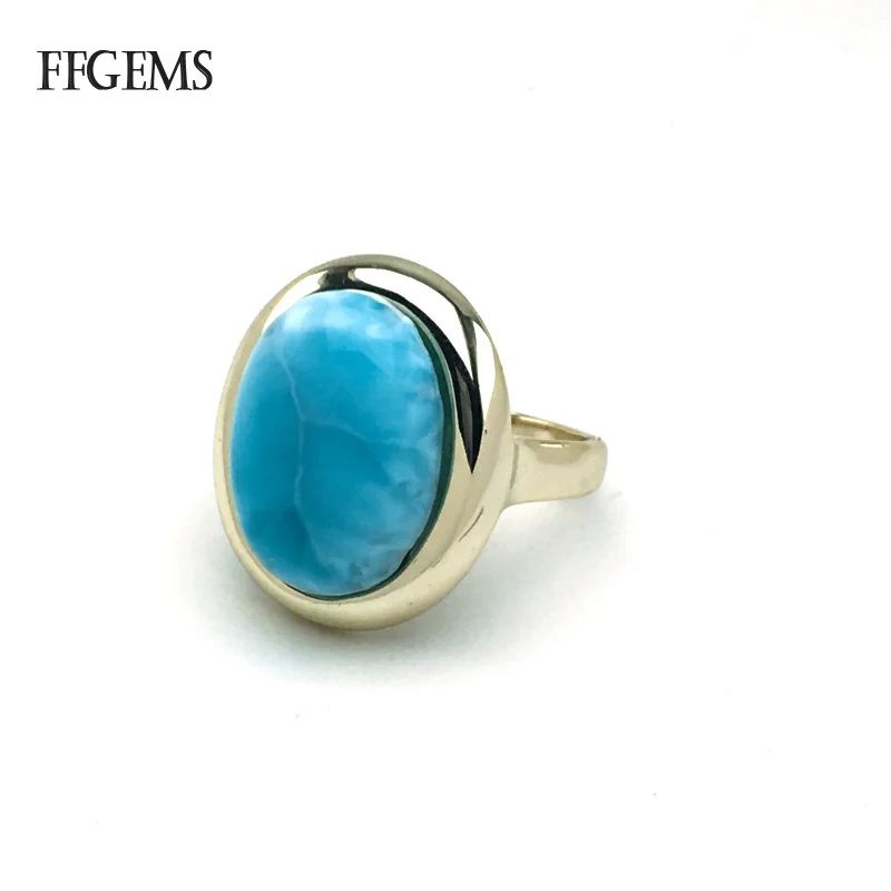 FFGems Natural Larimar Rings Sterling Real 925 Silver Gemstone Fine Jewelry Women Engagement Wedding Gift