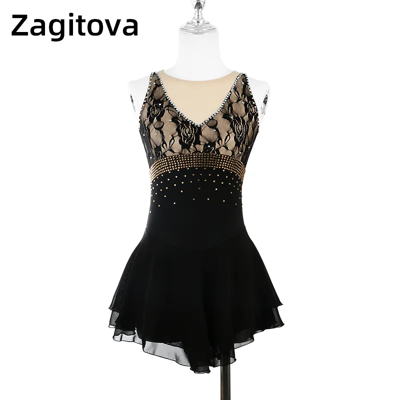 

Zagitova Figure Skating Dress Girls kids Women Ice Skating Skirts Black Ballet Costume Lace Rhinestone Mesh Skirt