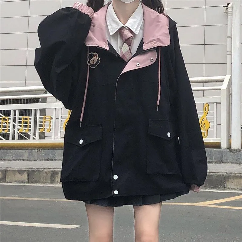 Korean Cute Pink Loose Tops Black Female Casual Students Jacket Sweatshirt Autumn Hoodie School Girls Coat Streetwear Hoodies