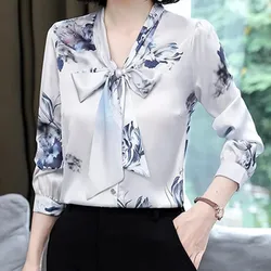 Fashion Silk Blouses Women Satin Print Blouse Women Long Sleeve Shirts Woman V-neck Silk Blouses Ladies Floral Blouse for Women