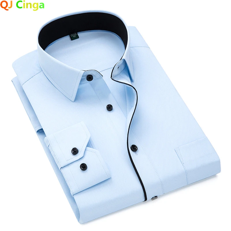 Black and White Patchwork Long Sleeve Shirt Men\'s, Business Office Cotton Shirt, Sky Blue Slim Fit Camisa/Chemise S-5XL