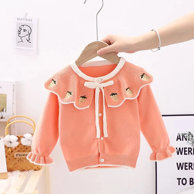 Autumn Girls Knit Cardigan Jacket Strawberry Lapel Children Girls Baby Sweater Infant Jacket Princess Sweater