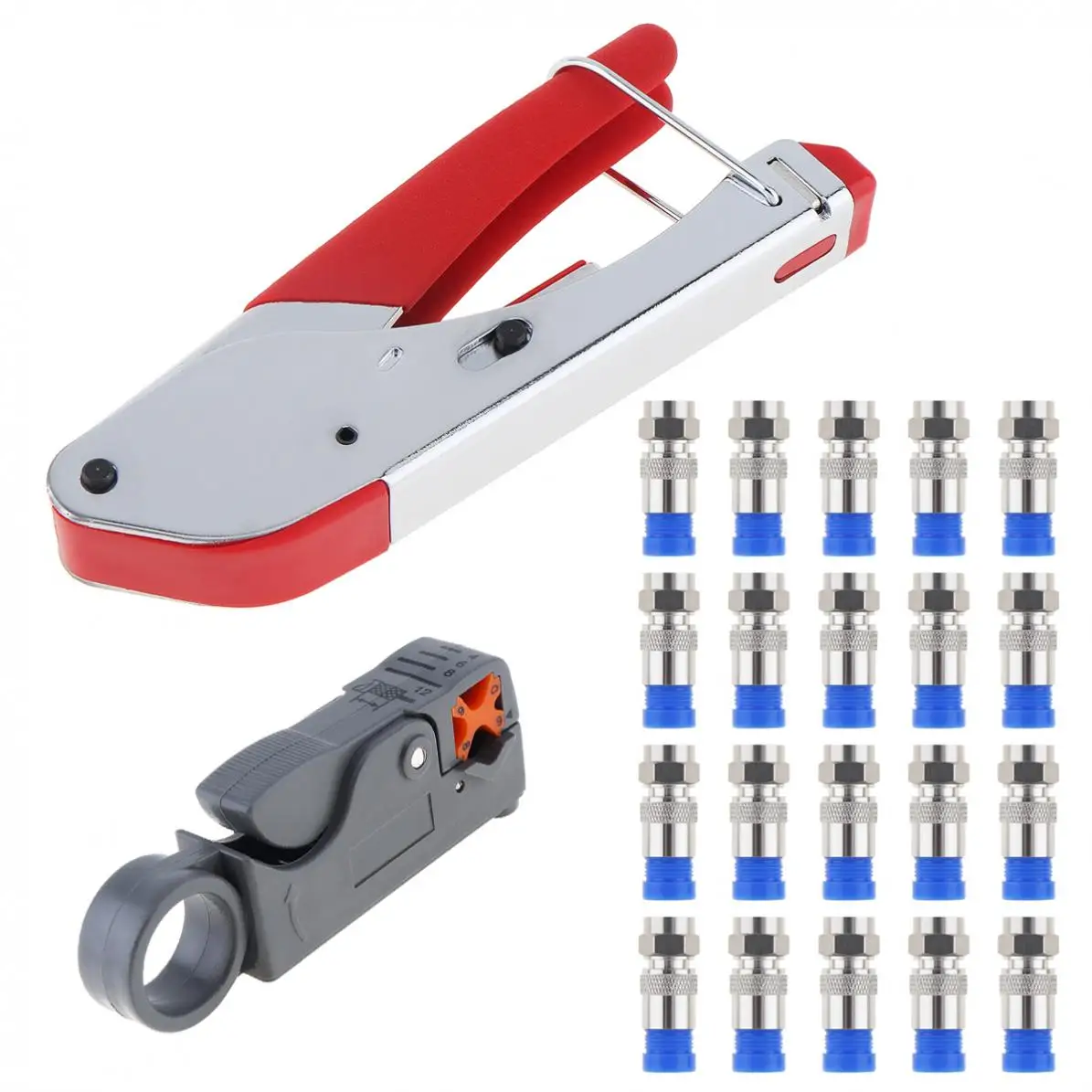 

Coaxial Cable Crimping Stripping Pliers Combination Tool with Squeezing Plier and 20 Piece Blue F Connector for Cable Repair