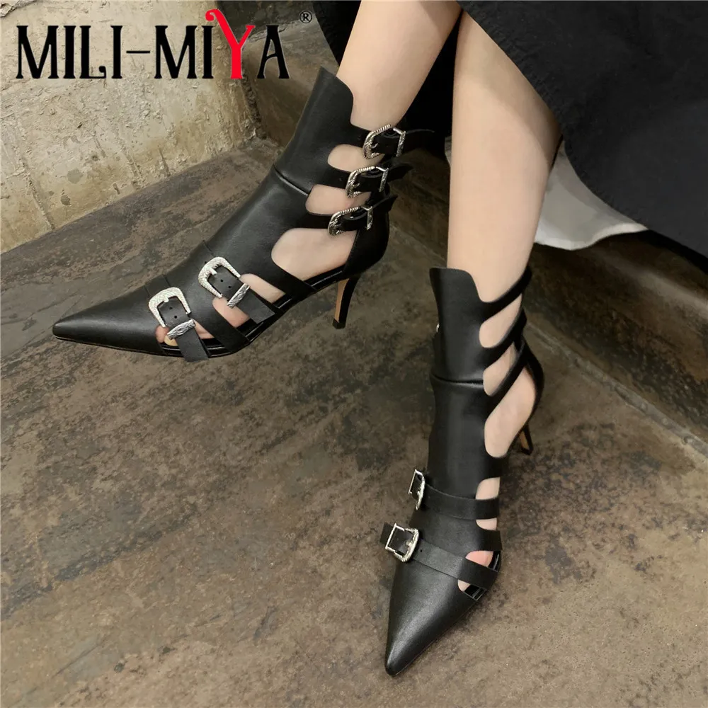 MILI-MIYA New Arrival Women Full Genuine Leather Sandals Ankle Boots Fashion Pointed Toe Sexy Thin Heels Buckle Strap Handmade