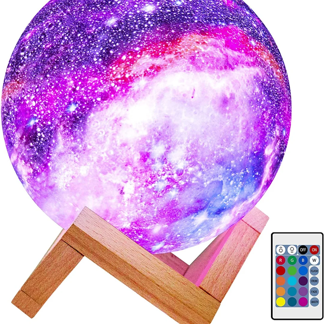 LED 3D Star Moon Light met houten standaard voor kinderen, nachtlampje, Galaxy Lamp, afstandsbediening en aanraakbediening, 16 kleuren, 3,15 inch