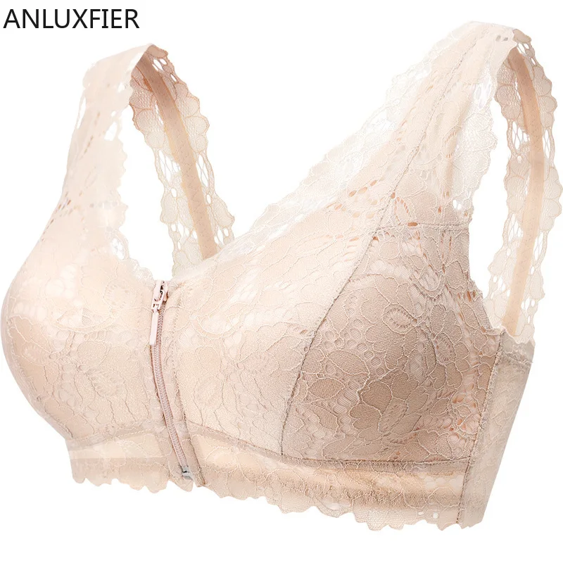 X114 Lace Sexy Back Underwear Women's Non-Steel Ring Front Buckle Zipper Bra Full Cup Plus Size Bra Gathered Breast Holding Bras