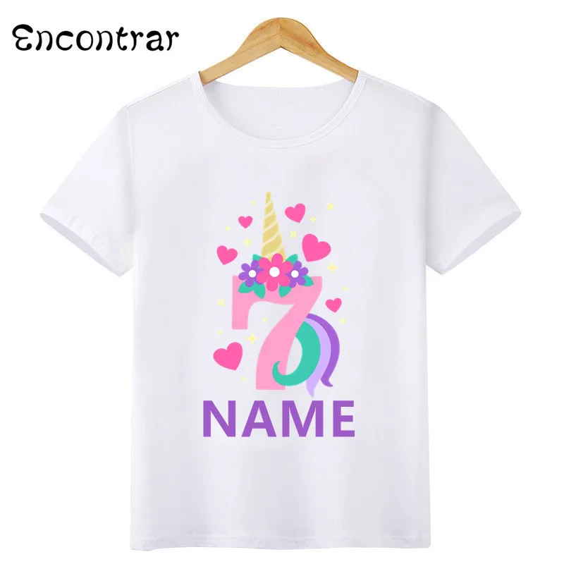 Happy Birthday Number 1-10 Bow Cute Unicorn Print Girls T shirt Customize Name Kids T-shirts Party Baby Children Tops,HKP5399